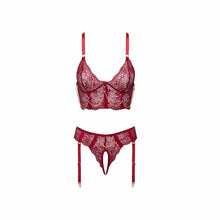 Lade das Bild in den Galerie-Viewer, Straps Set ouvert mit Longline BH Spitze Rot, S-XL "Amber"