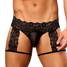 Lade das Bild in den Galerie-Viewer, Herren String S - XL schwarz mit floralen Strumpfhaltern