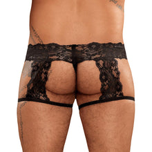 Lade das Bild in den Galerie-Viewer, Herren String S - XL schwarz mit floralen Strumpfhaltern