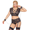 BH Straps-Set XL-3XL mit Handfesseln aus Spitze und Slip ouvert  