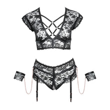 Lade das Bild in den Galerie-Viewer, BH Straps-Set XL-3XL mit Handfesseln aus Spitze und Slip ouvert  &quot;Farah&quot;
