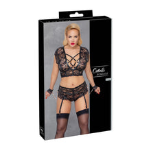 Lade das Bild in den Galerie-Viewer, BH Straps-Set XL-3XL mit Handfesseln aus Spitze und Slip ouvert  &quot;Farah&quot;
