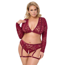 Lade das Bild in den Galerie-Viewer, Langarm-Top und Straps-Slip ouvert XL-3XL rote Spitze &quot;Marie&quot;
