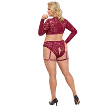 Lade das Bild in den Galerie-Viewer, Langarm-Top und Straps-Slip ouvert XL-3XL rote Spitze &quot;Marie&quot;
