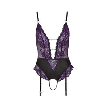 Lade das Bild in den Galerie-Viewer, Straps-Body ouvert S-XL weiche lila Spitze mit Strass &quot;Beth&quot;
