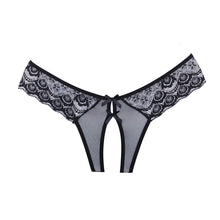 Lade das Bild in den Galerie-Viewer, Allure Adore Foreplay Panty S - L schwarz ouvert mit floralem Spitzenbändchen
