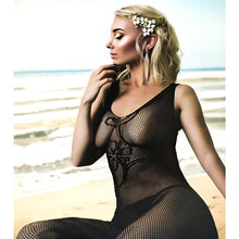 Lade das Bild in den Galerie-Viewer, Schwarzer Netz-Catsuit ouvert mit floralen Details für Damen Größe S bis L
